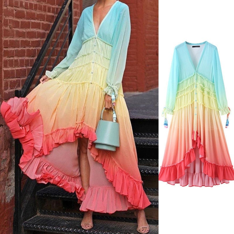 Rainbow One Piece Dress, Designer Woman Colorful Dress Layers for Casual/ Beach/ Gift for her