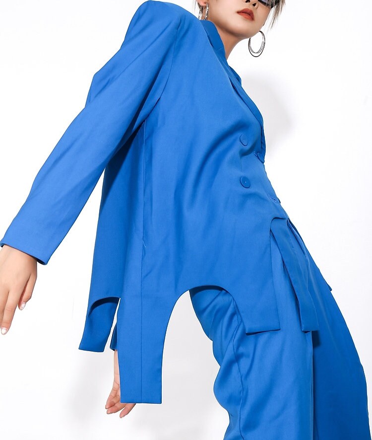 Irregular Blue Pantsuit, Designer Woman Stylish Modern Sharp Color Suit Jacket + Pants for Smart Casual/ Party Event/ Formal/ Gift