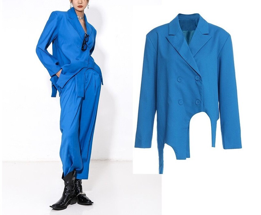 Irregular Blue Pantsuit, Designer Woman Stylish Modern Sharp Color Suit Jacket + Pants for Smart Casual/ Party Event/ Formal/ Gift