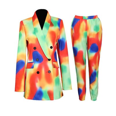 Watermarbling Pattern Pantsuit, Designer Woman Suit Jacket + Pants Ink Color Tie Dye Graphics Street Fashion for Smart Casual/ Event/ Party