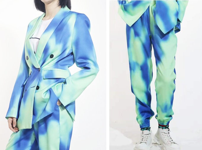 Watermarbling Pattern Pantsuit, Designer Woman Suit Jacket + Pants Ink Color Tie Dye Graphics Street Fashion for Smart Casual/ Event/ Party