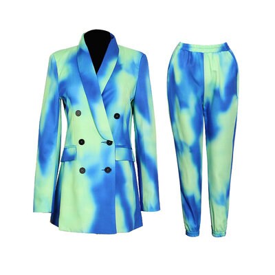 Watermarbling Pattern Pantsuit, Designer Woman Suit Jacket + Pants Ink Color Tie Dye Graphics Street Fashion for Smart Casual/ Event/ Party