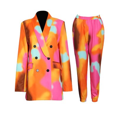 Watermarbling Pattern Pantsuit, Designer Woman Suit Jacket + Pants Ink Color Tie Dye Graphics Street Fashion for Smart Casual/ Event/ Party