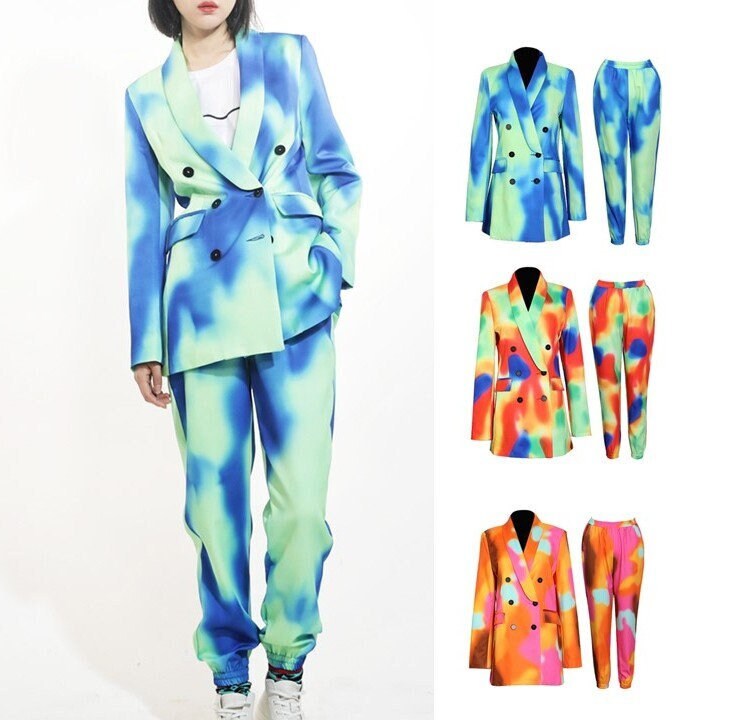 Watermarbling Pattern Pantsuit, Designer Woman Suit Jacket + Pants Ink Color Tie Dye Graphics Street Fashion for Smart Casual/ Event/ Party