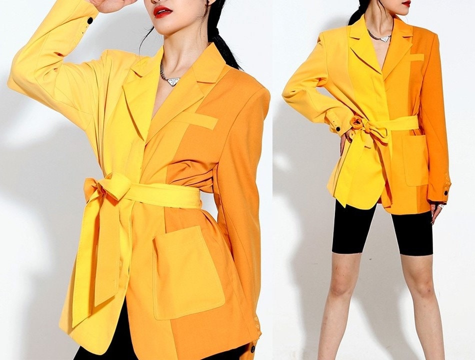 Two Colors Suit Jacket, Designer Women Blazer Asymmetric Patchwork Style for Smart Casual/ Formal/ Event Party/ Gift