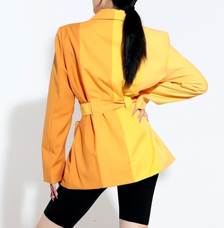 Two Colors Suit Jacket, Designer Women Blazer Asymmetric Patchwork Style for Smart Casual/ Formal/ Event Party/ Gift