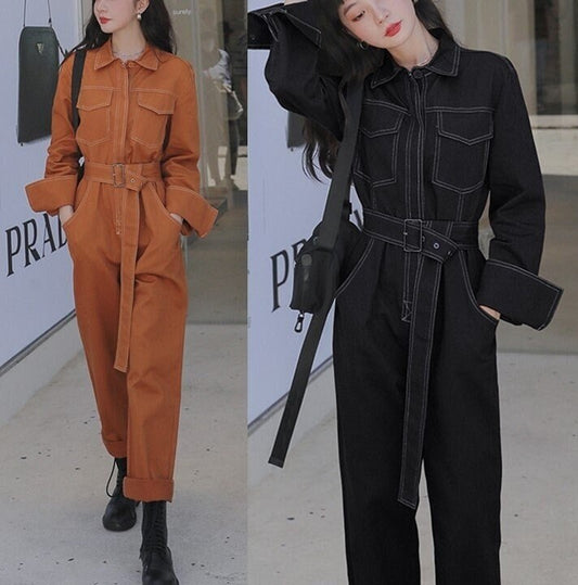 Black/Brown Jumpsuit, Korean Designer Style Sewing Lines Playsuit High Waisted Street Fashion for Casual/ Party/ Outdoors/ Gift for her