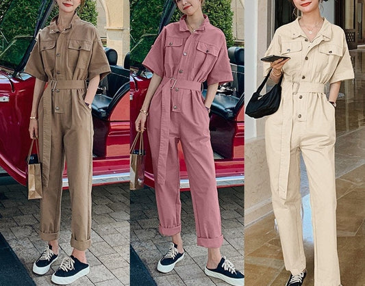 Brown/ Beige/ Pink Jumpsuit, Korean Designer Style Playsuit High Waisted Street Fashion for Casual/ Party/ Outdoors/ Gift for her