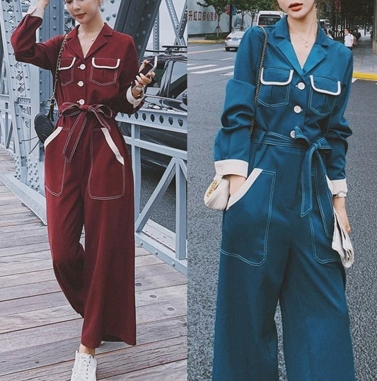 Benzo Blue/ Burgundy Jumpsuit, Korean Designer Style Playsuit High Waisted Street Fashion for Casual/ Party/ Outdoors/ Gift for her