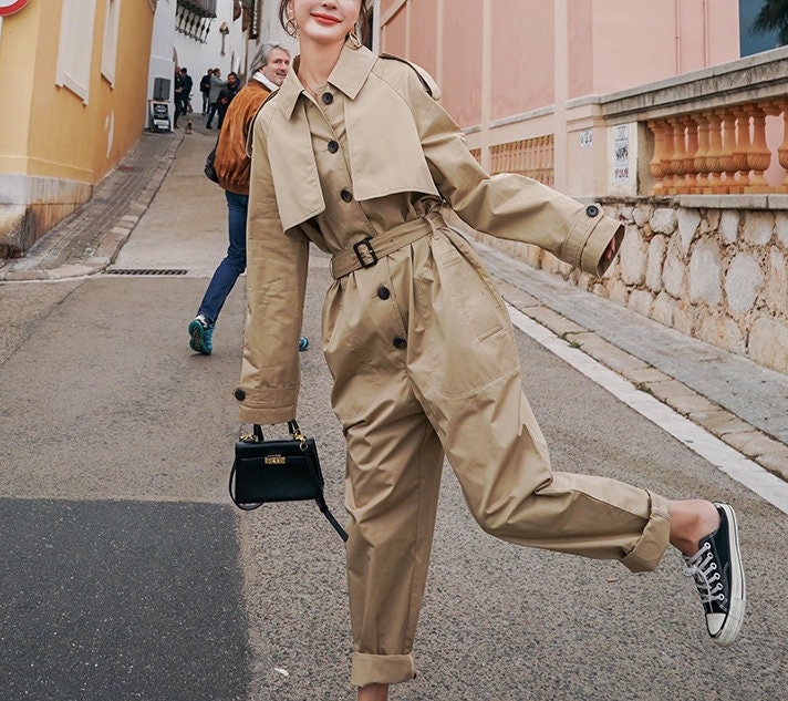 Beige Jumpsuit, Korean Designer Style Playsuit High Waisted Street Fashion for Casual/ Party/ Outdoors/ Gift for her