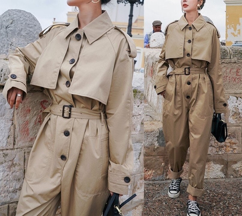 Beige Jumpsuit, Korean Designer Style Playsuit High Waisted Street Fashion for Casual/ Party/ Outdoors/ Gift for her