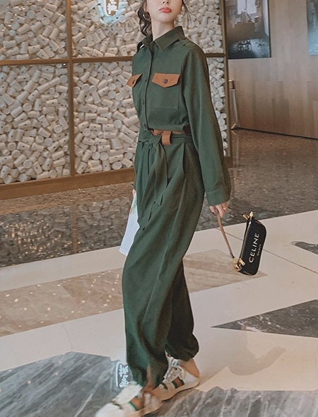 Military Green Jumpsuit, Korean Designer Style Playsuit High Waisted Street Fashion for Casual/ Party/ Outdoors/ Gift for her