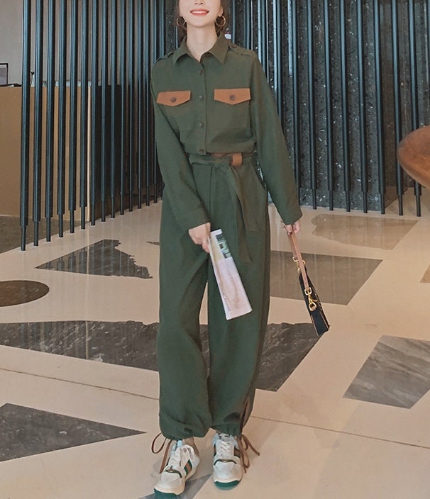 Military Green Jumpsuit, Korean Designer Style Playsuit High Waisted Street Fashion for Casual/ Party/ Outdoors/ Gift for her