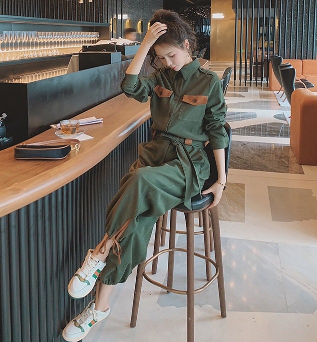 Military Green Jumpsuit, Korean Designer Style Playsuit High Waisted Street Fashion for Casual/ Party/ Outdoors/ Gift for her