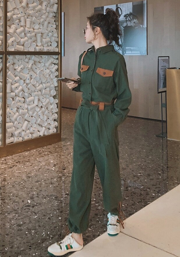 Military Green Jumpsuit, Korean Designer Style Playsuit High Waisted Street Fashion for Casual/ Party/ Outdoors/ Gift for her