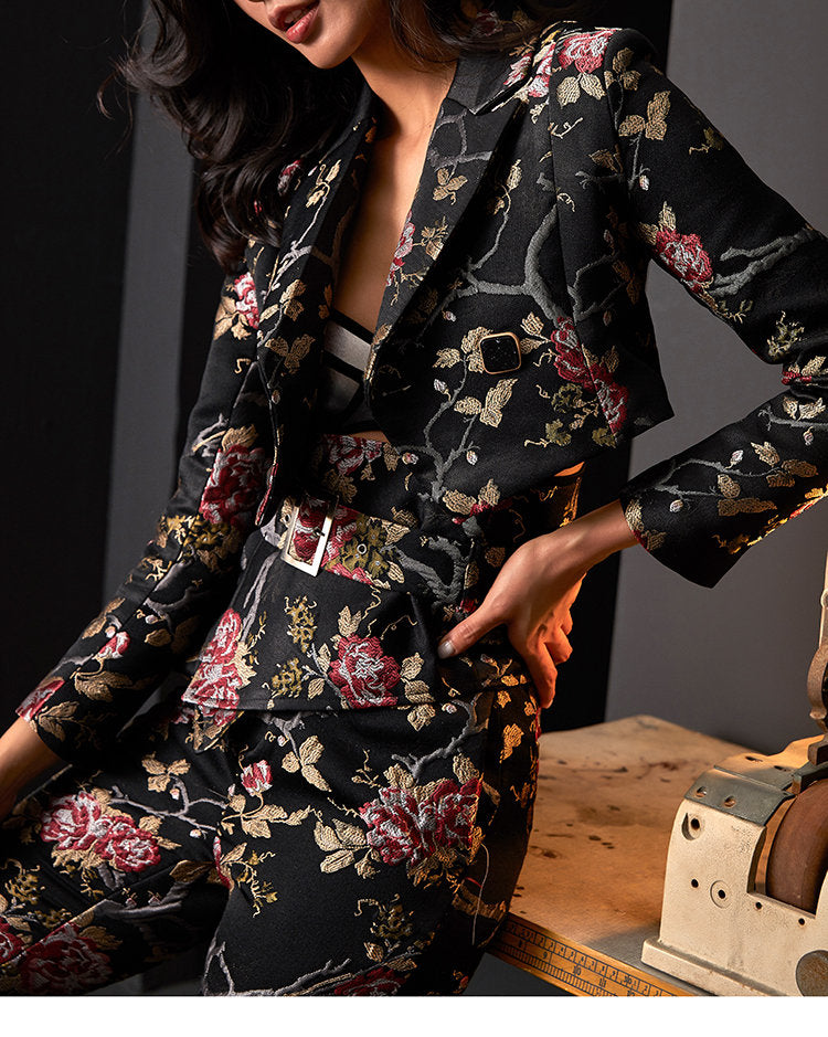 Women Floral Embroidery Suit Set, Subtle Pattern Deluxe Designer Suit Jacket & Pants Asian Style for Smart Casual/ Formal Event/Gift for her