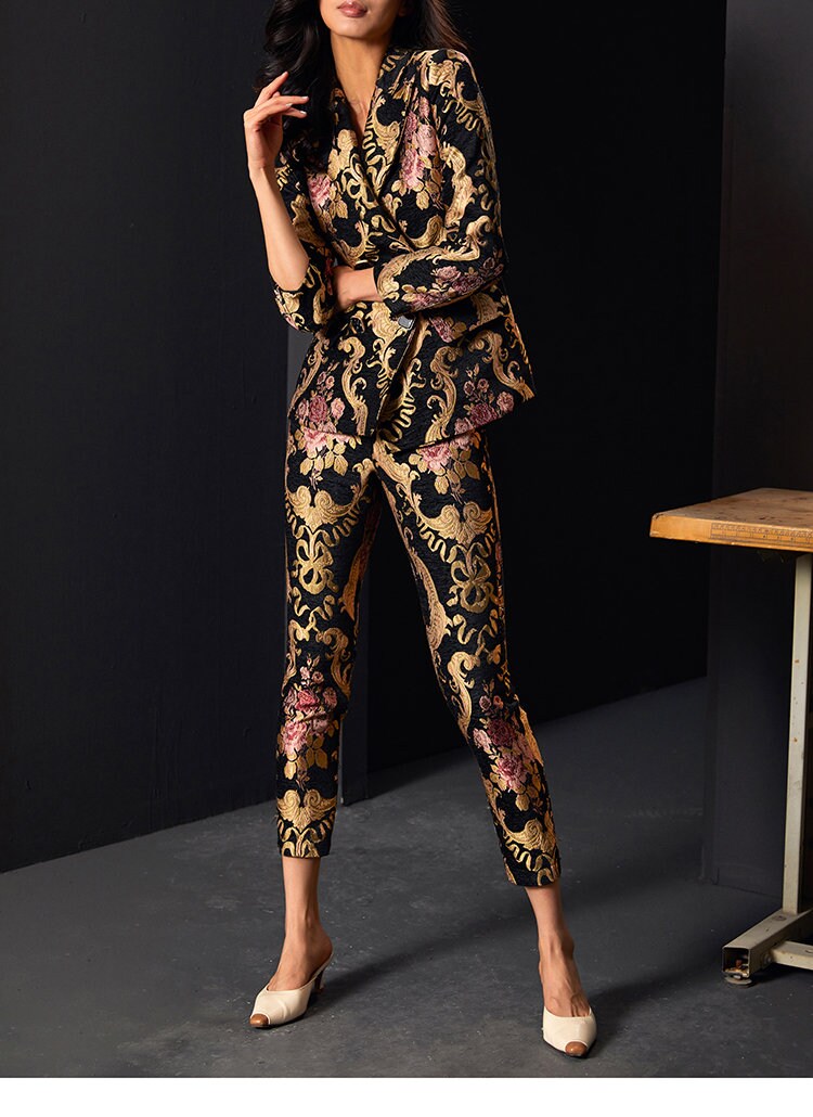 Women Floral Embroidery Suit Set, Subtle Pattern Deluxe Designer Suit Jacket & Pants Asian Style for Smart Casual/ Formal Event/Gift for her