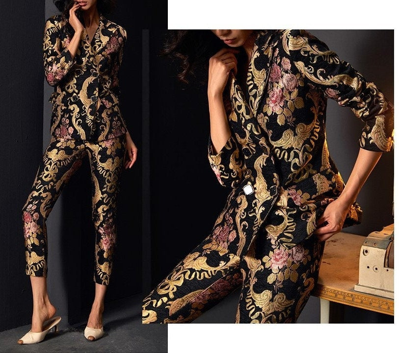 Women Floral Embroidery Suit Set, Subtle Pattern Deluxe Designer Suit Jacket & Pants Asian Style for Smart Casual/ Formal Event/Gift for her