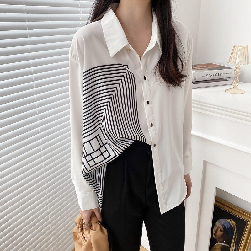 Geometric squares pattern blouse, women shirt not symmetrical