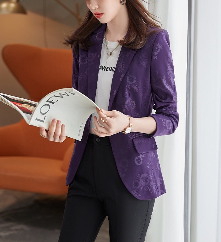 Red/ Black/ Purple Subtle Floral Pattern Blazer, Designer Woman Graphics Suit Jacket for Smart Casual/ Formal/ Event Party/ Gift