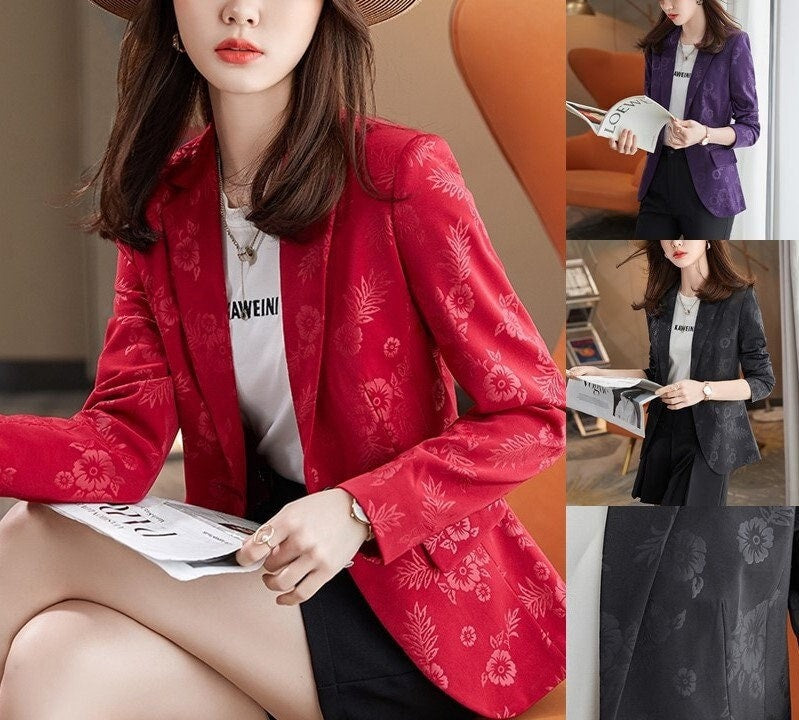 Red/ Black/ Purple Subtle Floral Pattern Blazer, Designer Woman Graphics Suit Jacket for Smart Casual/ Formal/ Event Party/ Gift