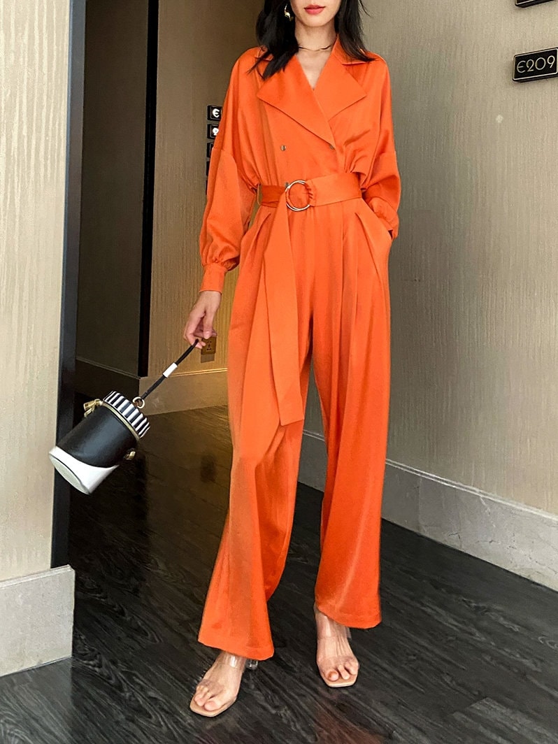 Orange Satin Jumpsuit, Designer Woman Minimalist Korean Designer Style Playsuit High Waist Street Fashion for Casual/ Party/ Outdoors/ Gift