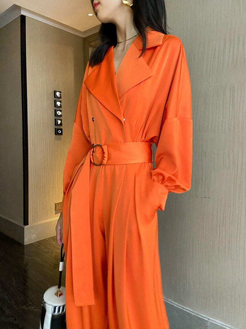 Orange Satin Jumpsuit, Designer Woman Minimalist Korean Designer Style Playsuit High Waist Street Fashion for Casual/ Party/ Outdoors/ Gift