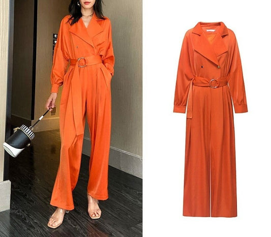 Orange Satin Jumpsuit, Designer Woman Minimalist Korean Designer Style Playsuit High Waist Street Fashion for Casual/ Party/ Outdoors/ Gift