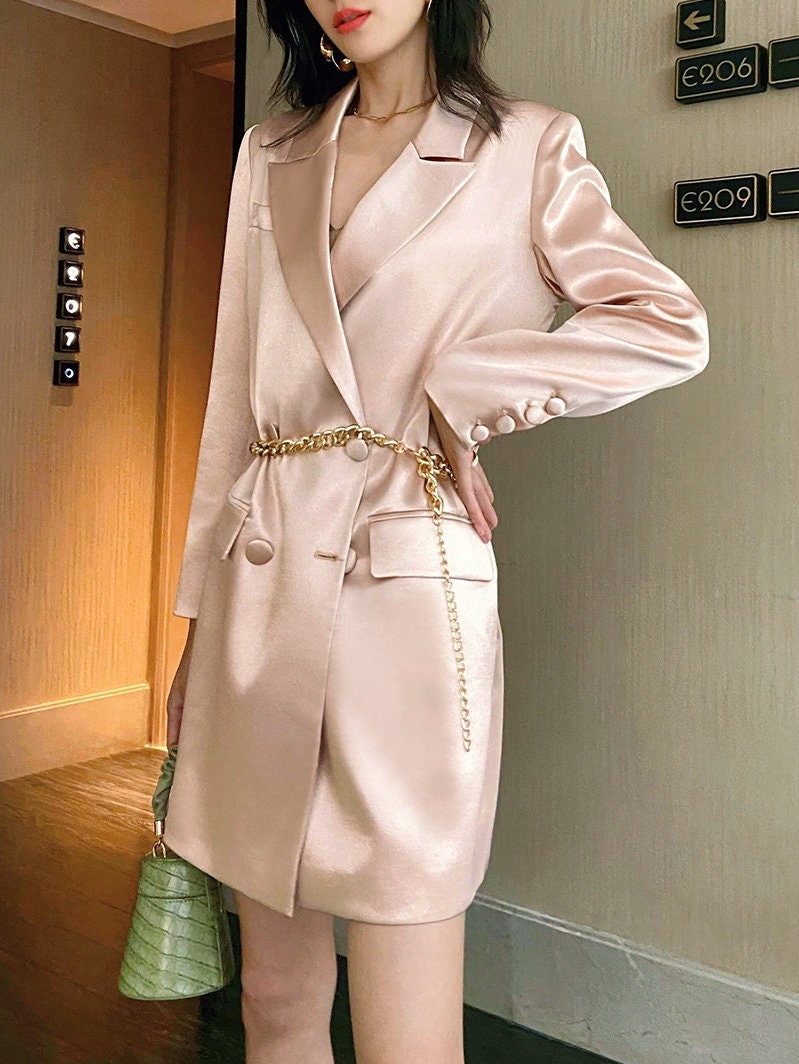 Pink Satin Long Blazer, Designer Woman Suit Jacket Loose Fit Deluxe Mimimalist for Smart Casual/ Formal/ Event Party/ Gift for her