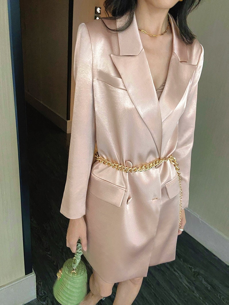 Pink Satin Long Blazer, Designer Woman Suit Jacket Loose Fit Deluxe Mimimalist for Smart Casual/ Formal/ Event Party/ Gift for her