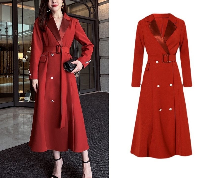 Red Deluxe Trench Coat, Designer Woman Long Overcoat for Smart Casual/ Party Event/ All Seasons/ Gift for her