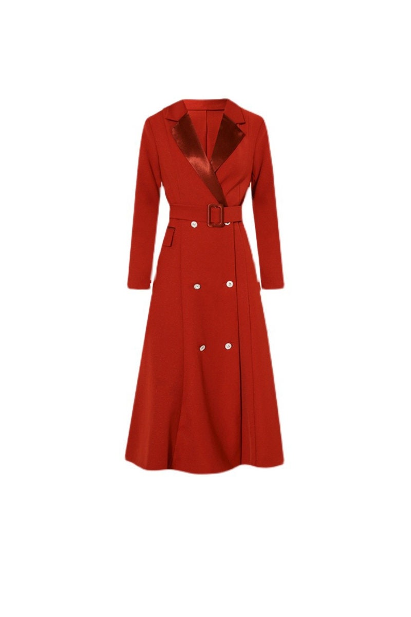 Red Deluxe Trench Coat, Designer Woman Long Overcoat for Smart Casual/ Party Event/ All Seasons/ Gift for her