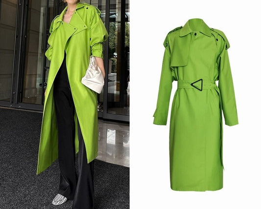 Fluorescence Green Trench Coat, Designer Woman Long Minmalist Korean Style Raincoat for Smart Casual/ Formal/ Event Party/ Outdoor/ Gift