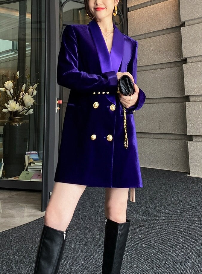 Purple Velvet Long Blazer, Designer Woman Suit Jacket Vintage Classic Minimalist Style for Smart Casual/ Formal/ Event Party/ Gift for her