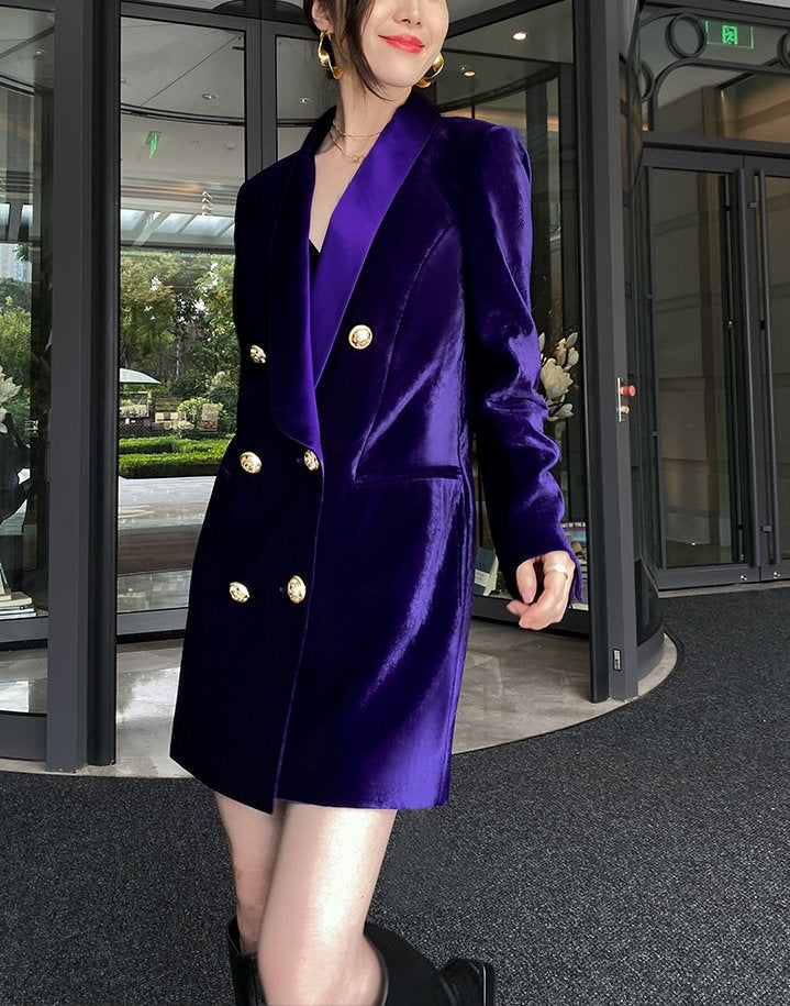 Purple Velvet Long Blazer, Designer Woman Suit Jacket Vintage Classic Minimalist Style for Smart Casual/ Formal/ Event Party/ Gift for her