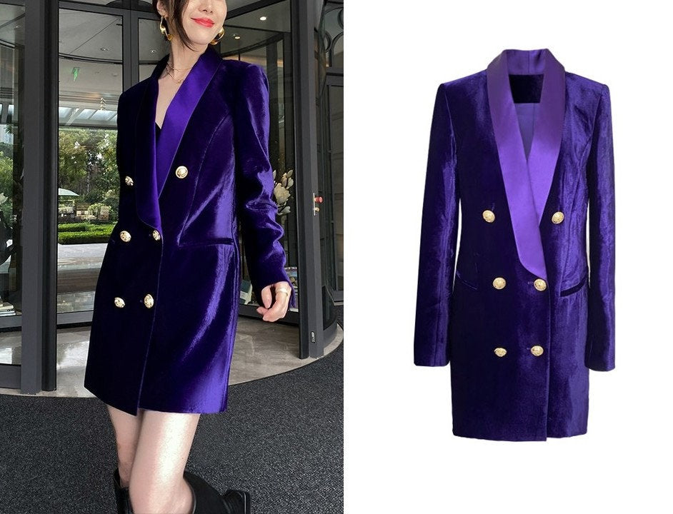 Purple Velvet Long Blazer, Designer Woman Suit Jacket Vintage Classic Minimalist Style for Smart Casual/ Formal/ Event Party/ Gift for her