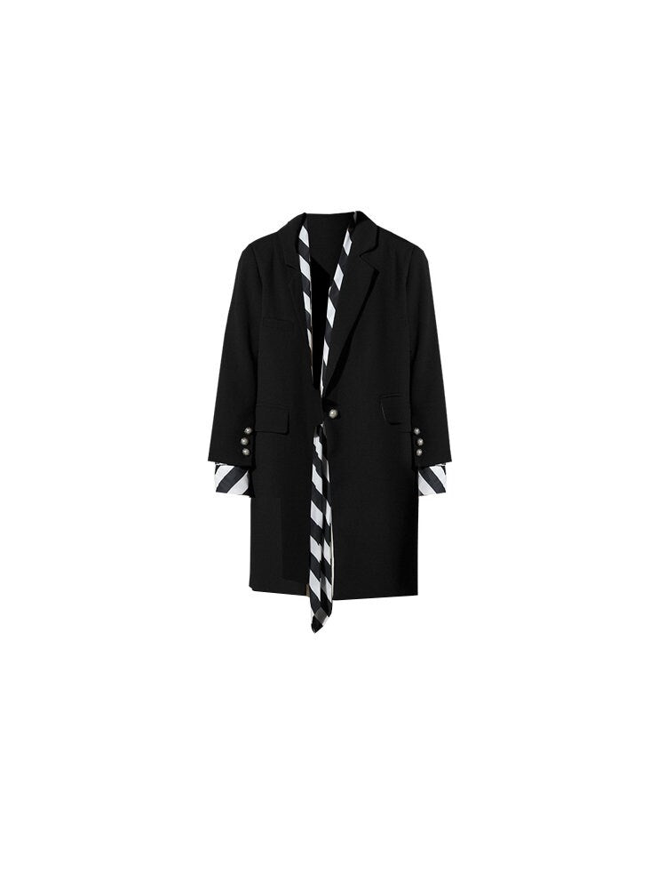 Loose Fit Black Long Blazer, Designer Woman Suit Jacket Striped Scarf Collar for Smart Casual/ Formal/ Event Party/ Gift for her