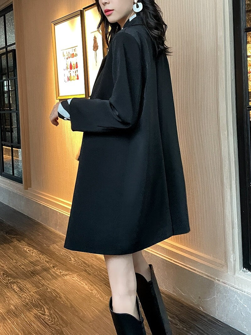 Loose Fit Black Long Blazer, Designer Woman Suit Jacket Striped Scarf Collar for Smart Casual/ Formal/ Event Party/ Gift for her