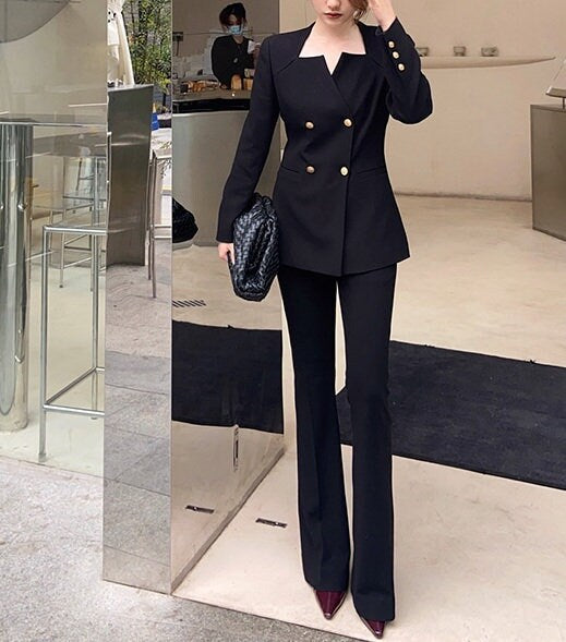 Black Slim Cut Pantsuit, Designer Suit Jacket + Pants, Flower Diecut Collar Sleeve Collar for Smart Casual/ Formal/ Gift for her