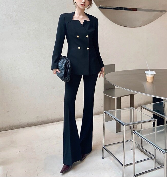 Black Slim Cut Pantsuit, Designer Suit Jacket + Pants, Flower Diecut Collar Sleeve Collar for Smart Casual/ Formal/ Gift for her