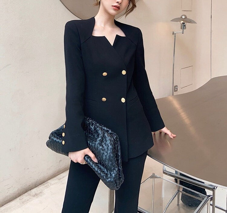 Black Slim Cut Pantsuit, Designer Suit Jacket + Pants, Flower Diecut Collar Sleeve Collar for Smart Casual/ Formal/ Gift for her