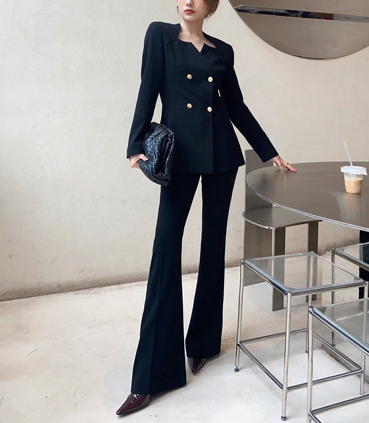 Black Slim Cut Pantsuit, Designer Suit Jacket + Pants, Flower Diecut Collar Sleeve Collar for Smart Casual/ Formal/ Gift for her