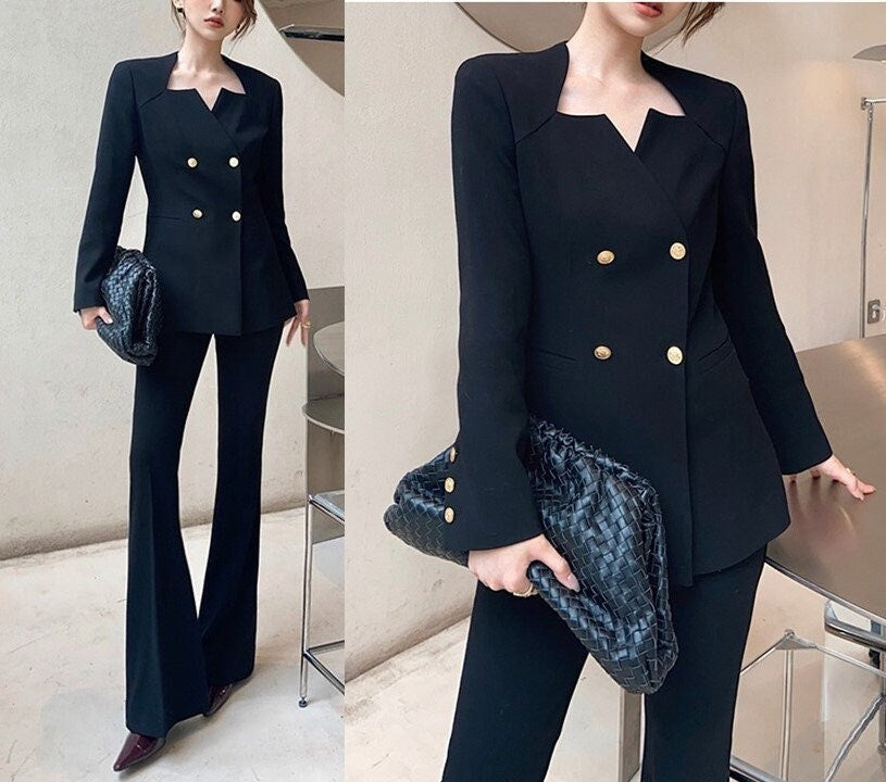 Black Slim Cut Pantsuit, Designer Suit Jacket + Pants, Flower Diecut Collar Sleeve Collar for Smart Casual/ Formal/ Gift for her