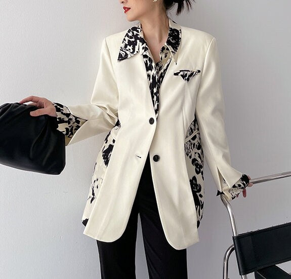 Women White Patchwork Blazer, Designer Suit Jacket Layered Pattern Modern Style for Smart Casual/ Formal/ Event Party/ Gift