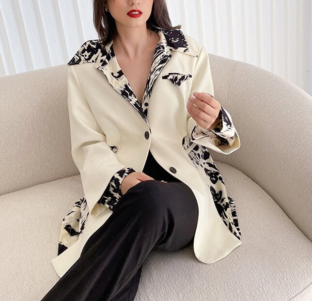 Women White Patchwork Blazer, Designer Suit Jacket Layered Pattern Modern Style for Smart Casual/ Formal/ Event Party/ Gift