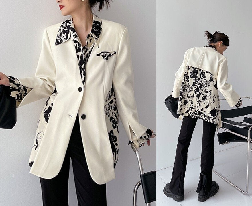 Women White Patchwork Blazer, Designer Suit Jacket Layered Pattern Modern Style for Smart Casual/ Formal/ Event Party/ Gift