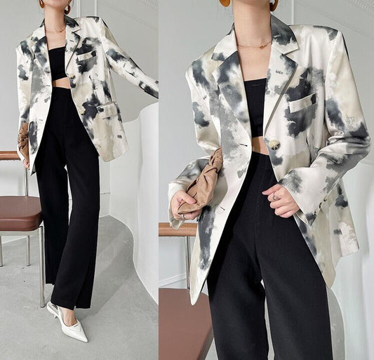 Ink Spray Pattern Blazer, Designer Women Suit Jacket Loose Fit for Smart Casual/ Formal/ Event Party/ Gift