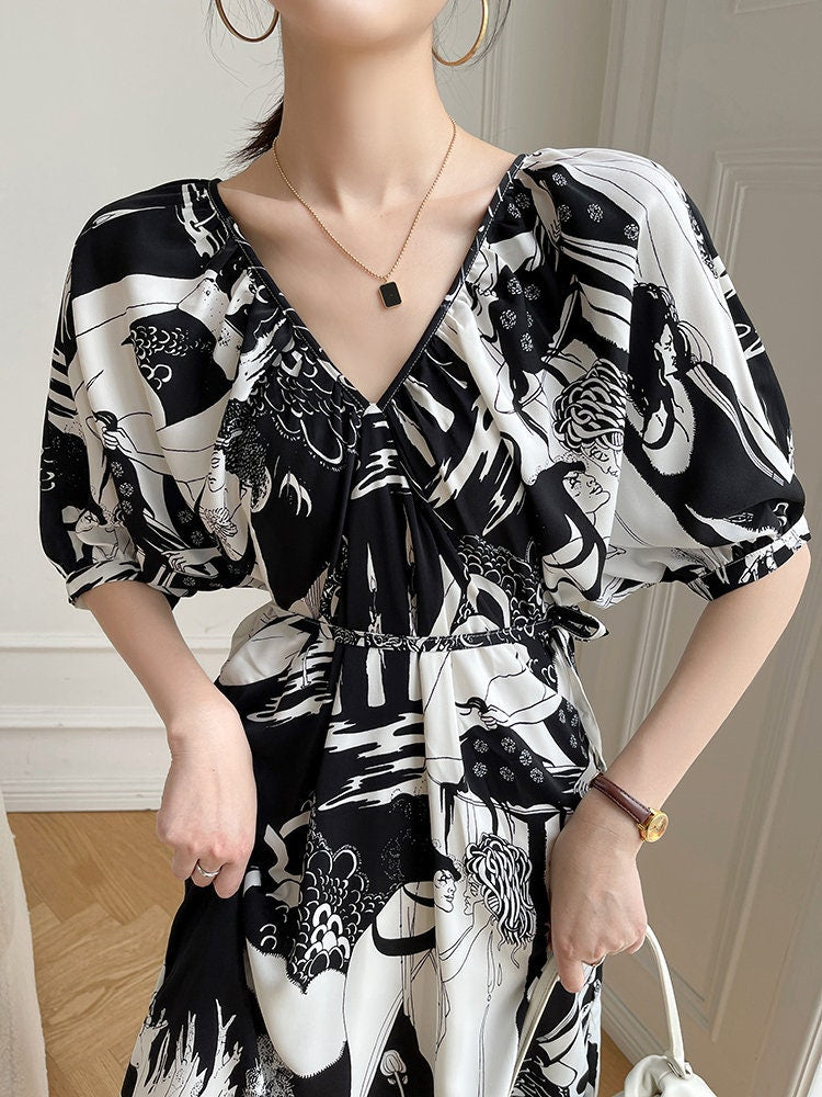 Chiffon Pattern Dress, Designer Women One Piece Outline Graphics Art Modern Stylish for Smart Casual/ Formal/ Party Event/ Gift