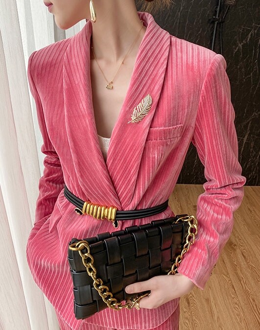 Pink Velvet Pantsuit, Designer Women Suit Jacket + Pants, Beford Cord Waistline for Smart Causal/ Formal/ Party Event/ Gift