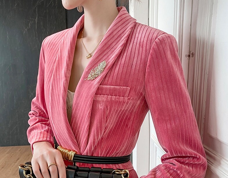 Pink Velvet Pantsuit, Designer Women Suit Jacket + Pants, Beford Cord Waistline for Smart Causal/ Formal/ Party Event/ Gift